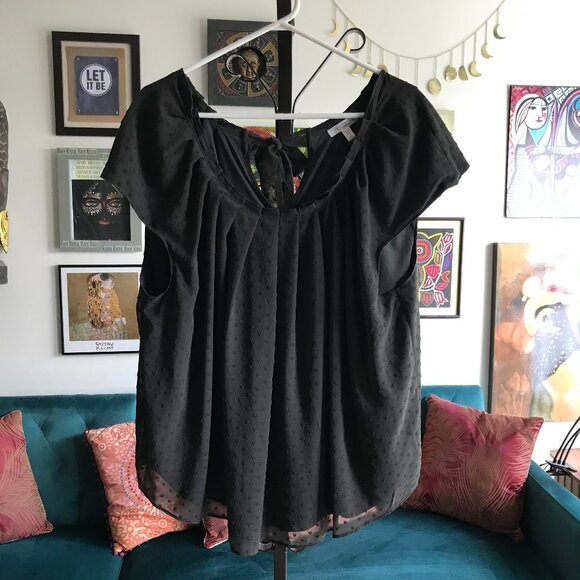 LC LAUREN CONRAD size 1X Dark Gray Swiss Dot Chiffon Tunic Peasant Blouse Top - Picture 1 of 5